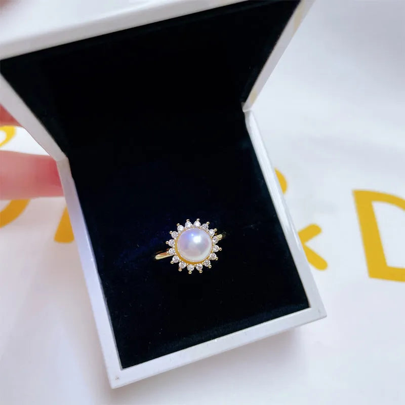 Round natural freshwater pearl ring with round zircon accents in gold copper plating finish