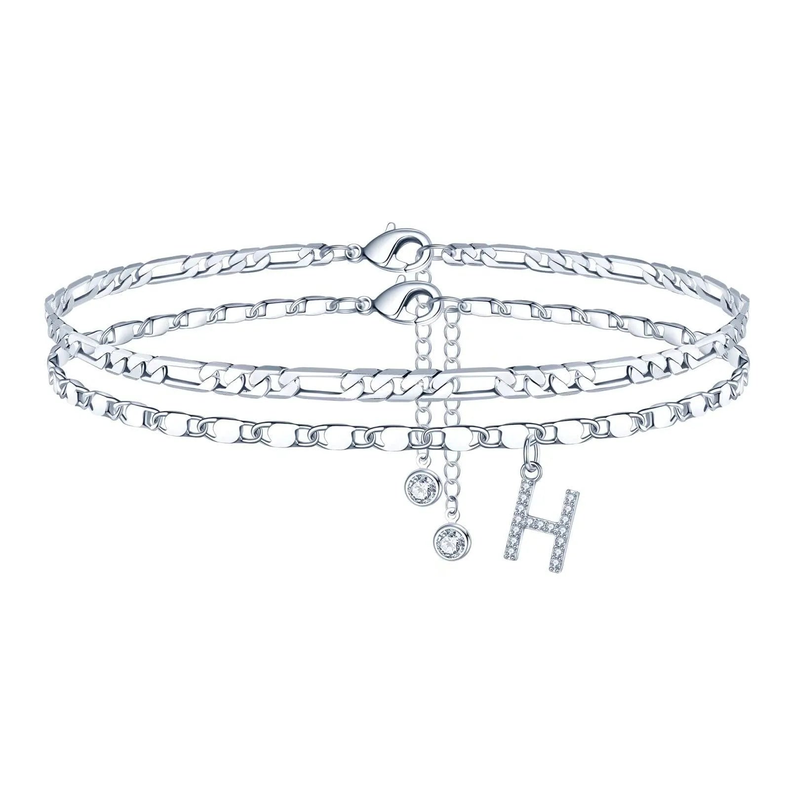 Silver-coloured double-circle bead copper anklet showing alphabet letter modelling on ankle.