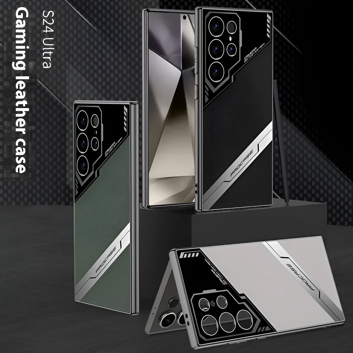 Samsung S24 Ultra and S23 Ultra phone case in electroplated TPU with leather-style finish, shown in Carbon Fibre Pattern.