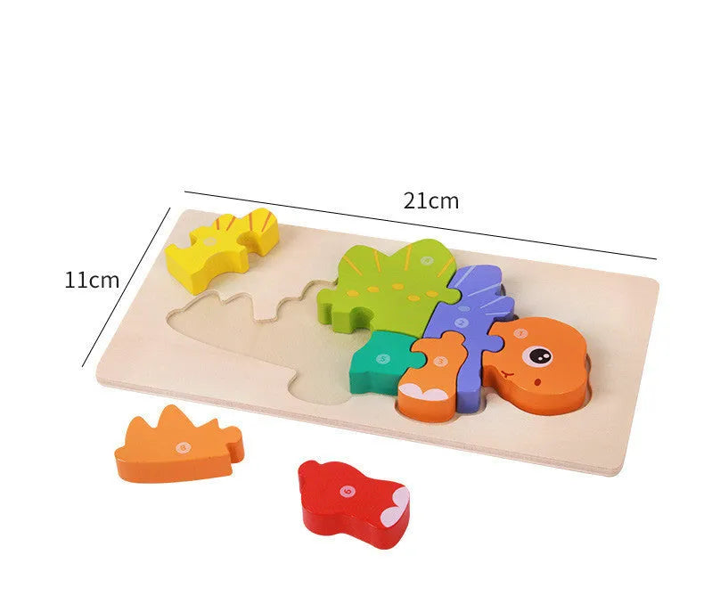 Wooden 3D puzzle pieces assembled into dinosaur models for children's educational play.