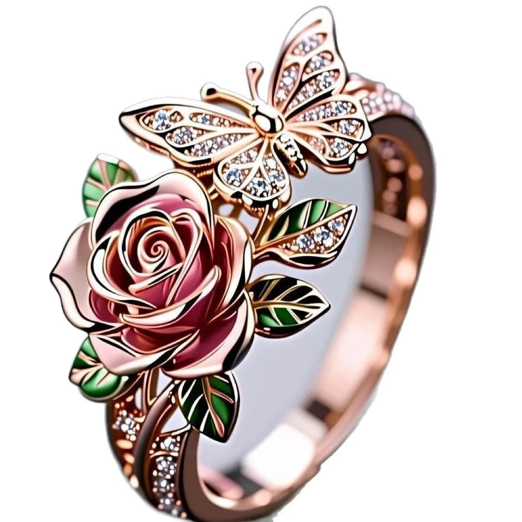Adjustable fairy style personality ring with colourful oil butterfly and floral insect leaf design in alloy