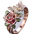 Adjustable fairy style personality ring with colourful oil butterfly and floral insect leaf design in alloy