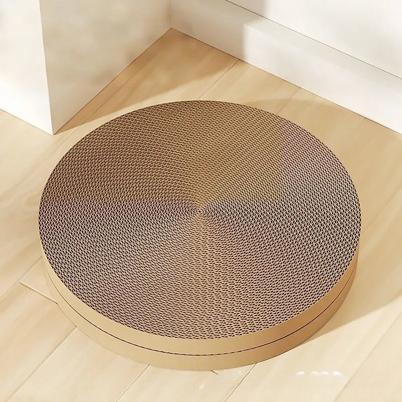 Round green and white cat scratching board bed with corrugated paper surface, 55 cm diameter