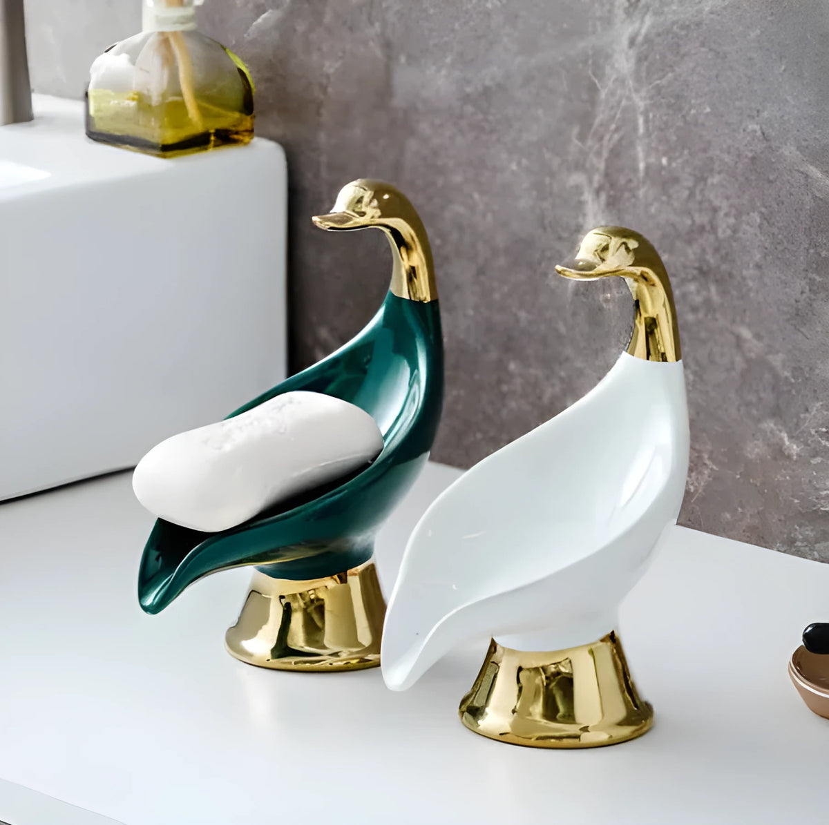 White ceramic swan soap dish with lid cover on bathroom countertop