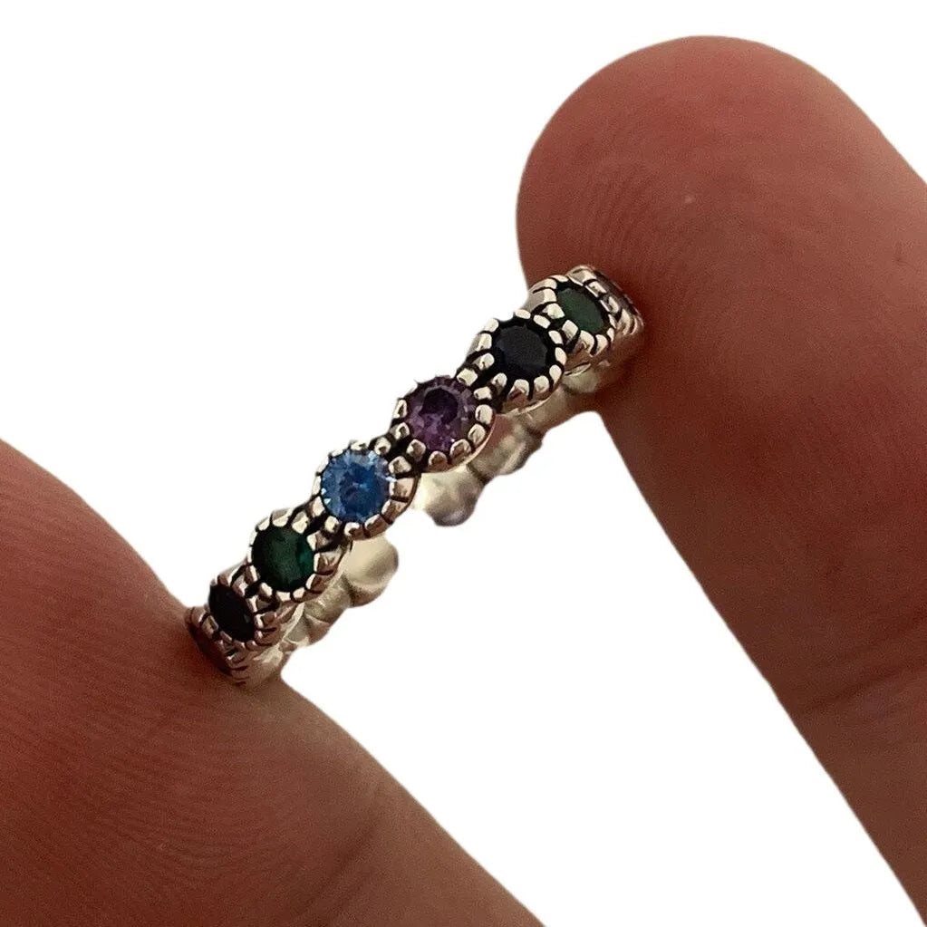 Women's adjustable zinc alloy ring with colourful round zircon stones in retro silver finish