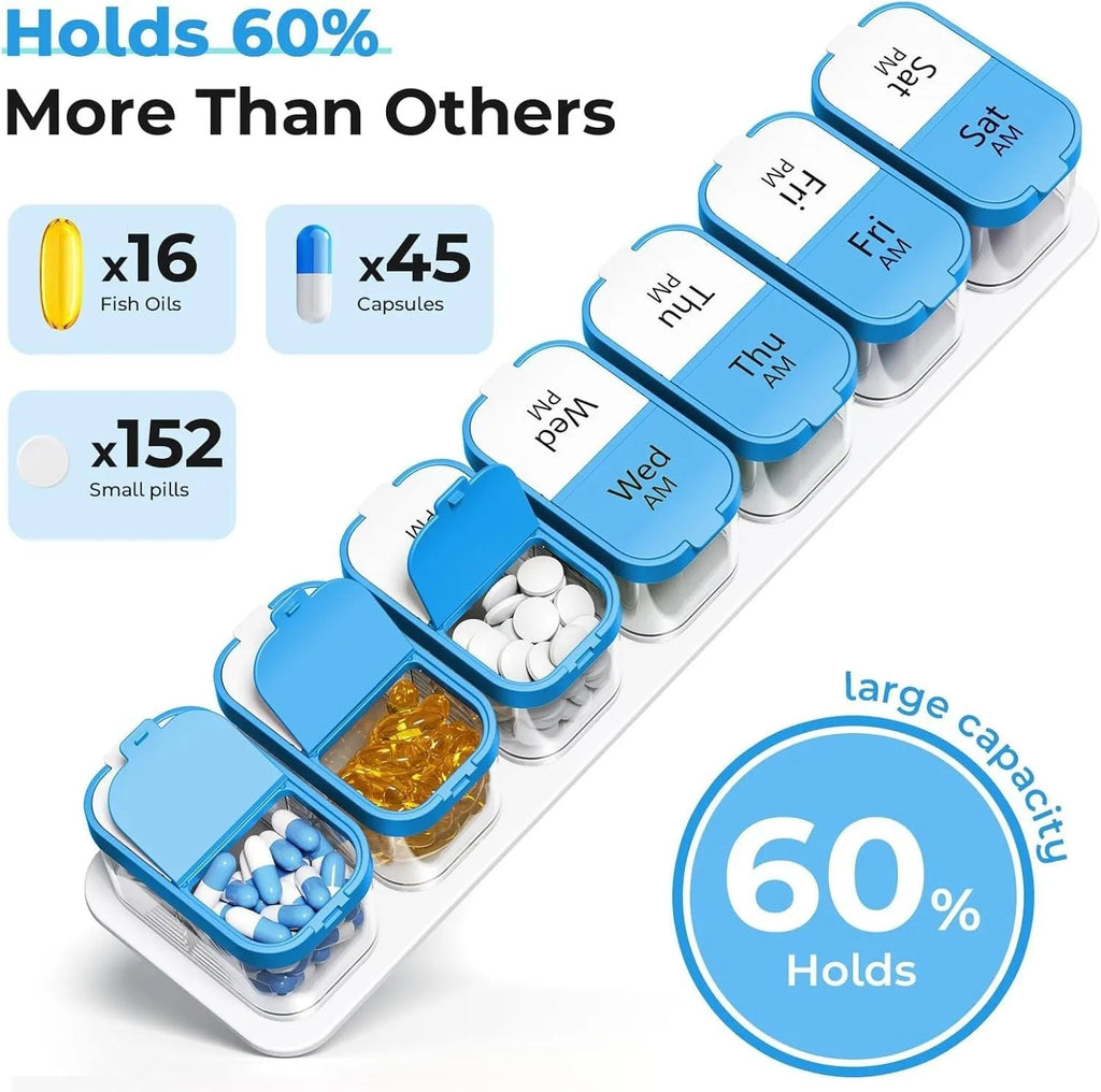 Extra large white and rainbow colour plastic pill organiser box with removable sections, shown with lid open.
