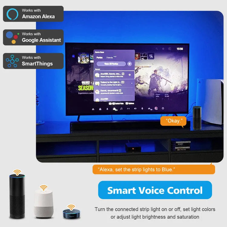 Smart TV atmosphere graffiti effect light with 60 LED beads per metre, sync box, and pure copper HDIM cable behind TV