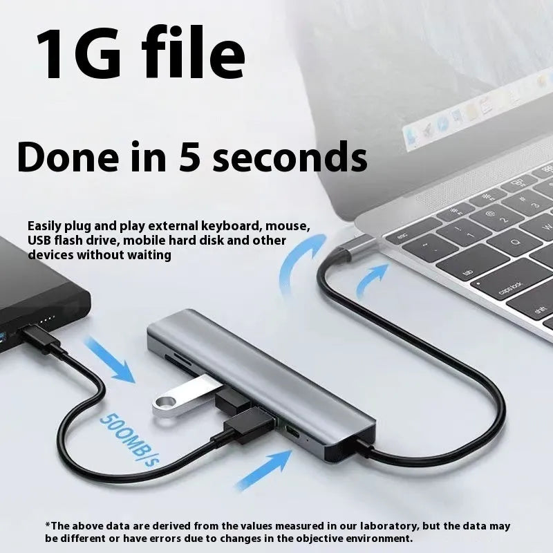Silver aluminium USB-C 7-in-1 expansion dock with HDMI, USB ports, SD slots, and a 15cm cable.