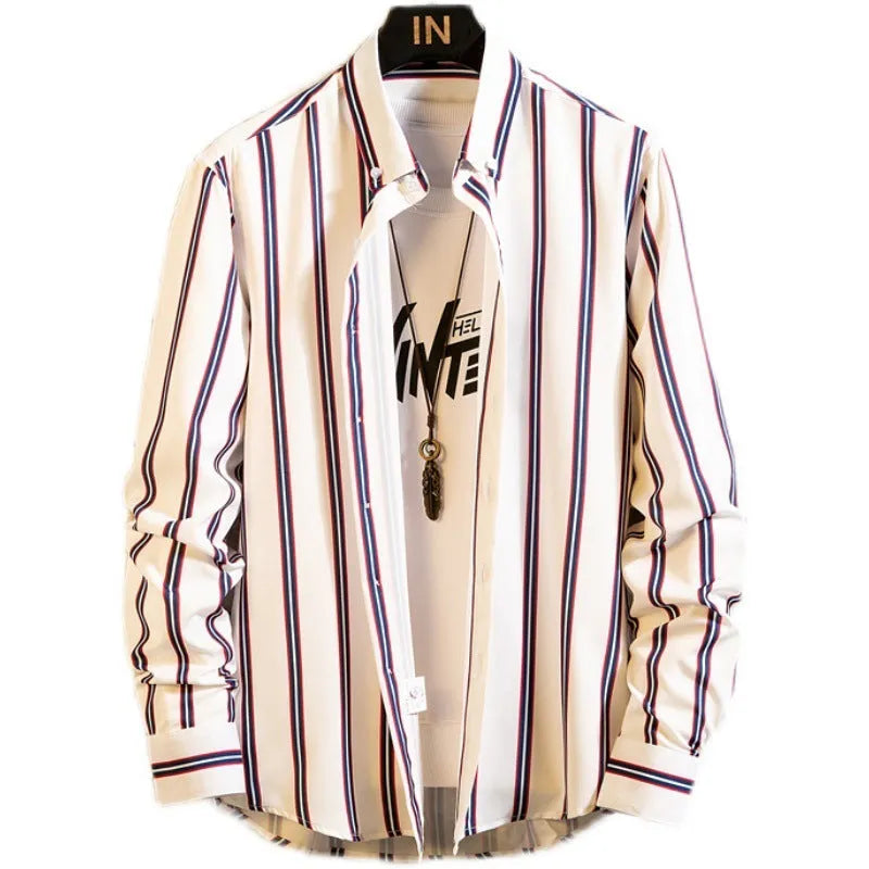 Men's casual striped polyester cardigan in slim fit with long sleeves and pointed collar, available in multiple colours and sizes M to 5XL