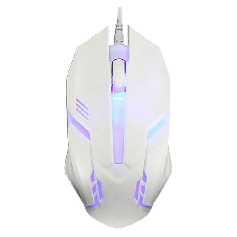 Black and white luminous wired optical mouse with USB cable on a desk