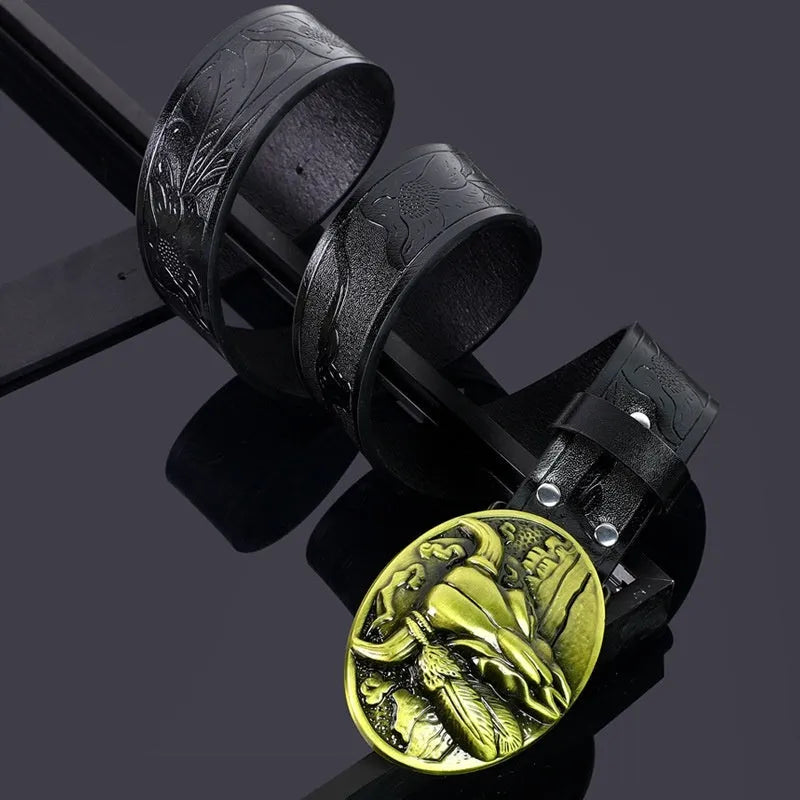 Men's brown imitation leather belt with detailed cow head alloy buckle showing carving and embossing details