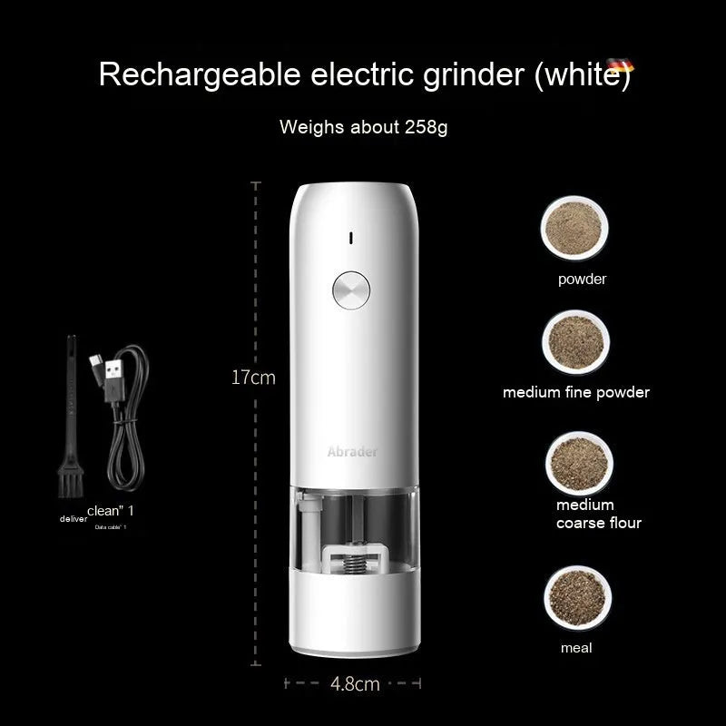 Rechargeable electric pepper and salt grinder in acrylic body with ceramic mechanism.