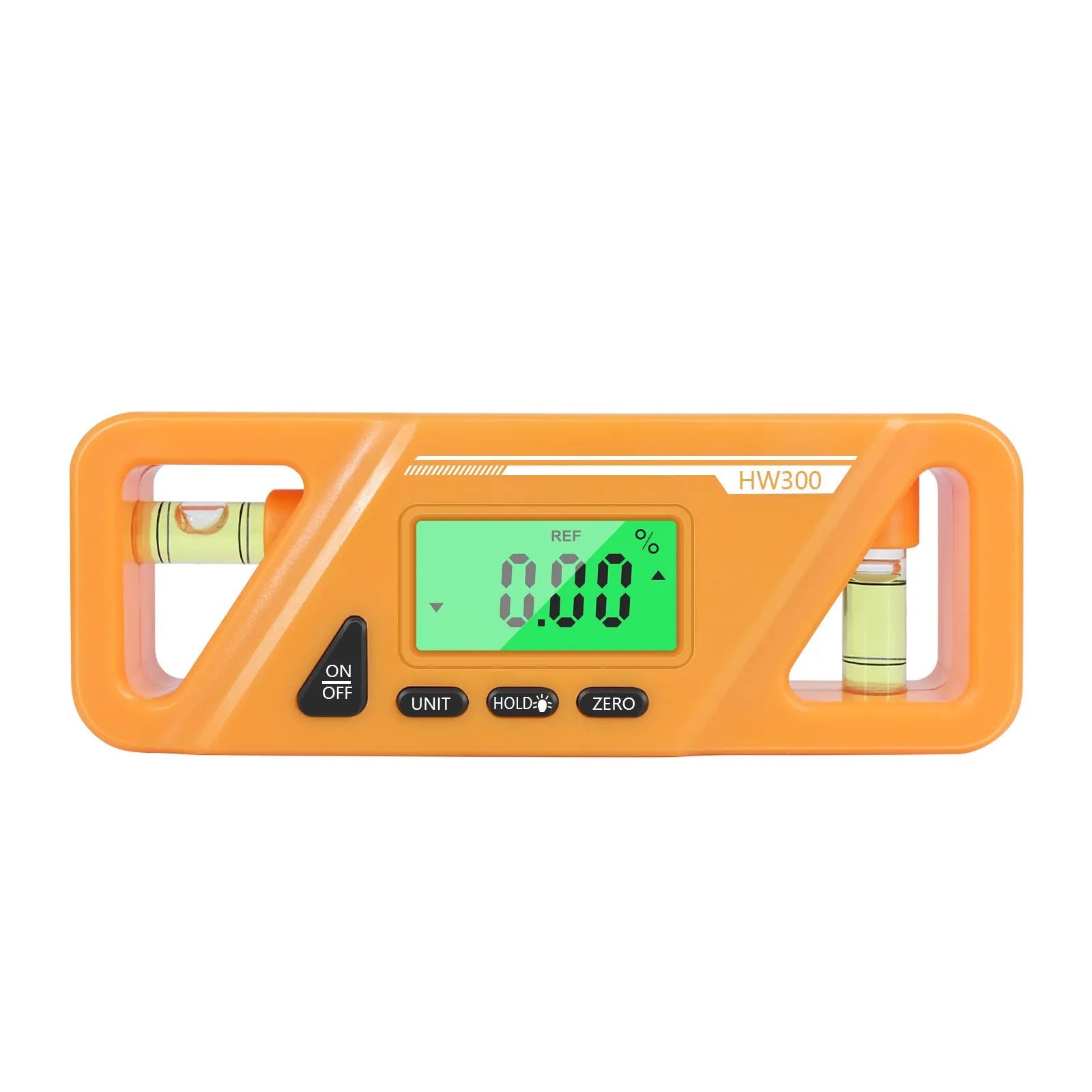 HW300 digital inclinometer level meter with magnetic base and LCD display showing angle measurement.