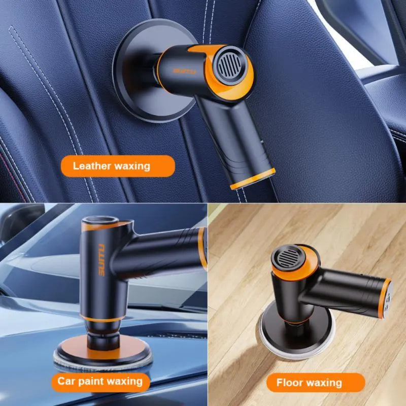 Cordless car polishing machine in black with ABS body, throwing disc, and two cloth pads