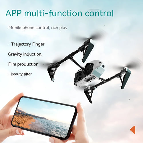 White KS66 alloy UAV drone with camera and remote control on grass, spare propellers and storage bag shown alongside.