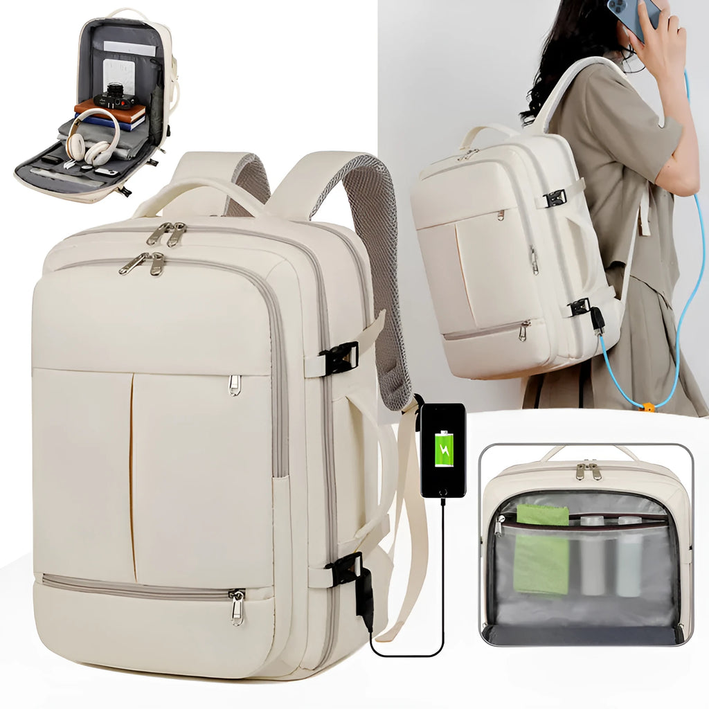 Waterproof Oxford cloth backpack with multiple pockets holding a 15.6 inch laptop