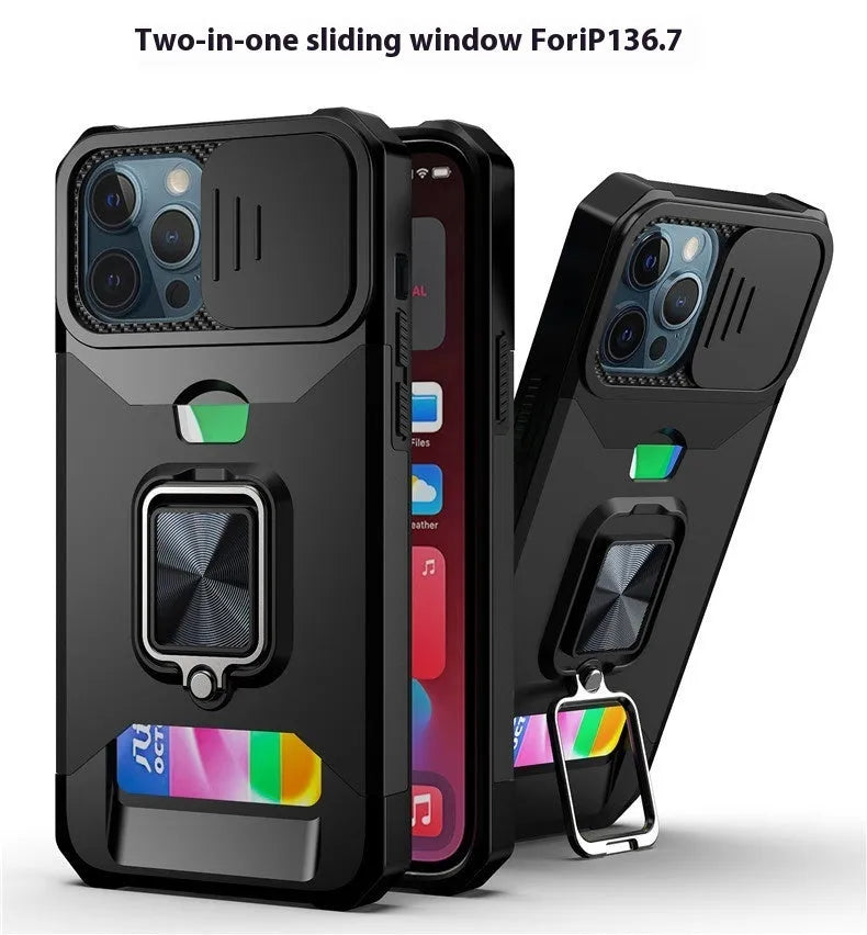 Drop-resistant phone case with sliding window card holder and magnetic suction in black for iPhone 15