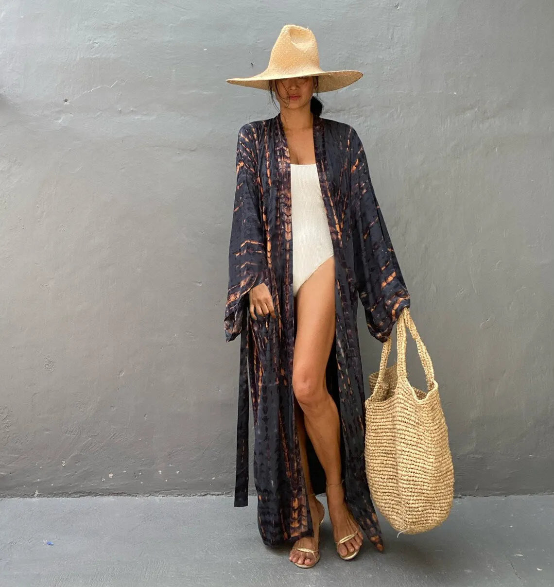 Loose printed cotton beach cover-up shirt in a DN0712 colour, shown as a long-sleeved blouse.