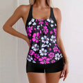 Women's slim-fit printed boxer suit bikini set in floral design with matching top