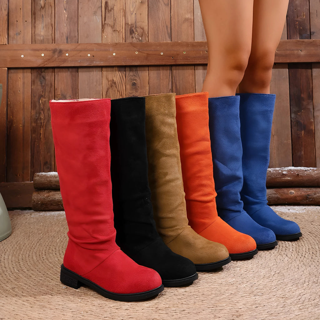 Cow suede chunky heel high leg boots below the knee in black solid colour with round toe and leather lining