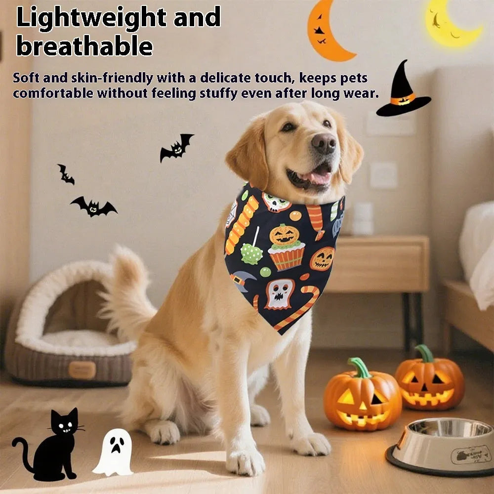 Halloween printed triangular pet bib in skull pattern on polyester fabric, average size
