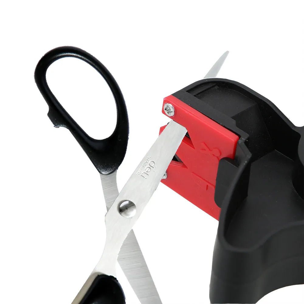 Black handheld knife and scissor sharpener tool with tungsten steel grindstone