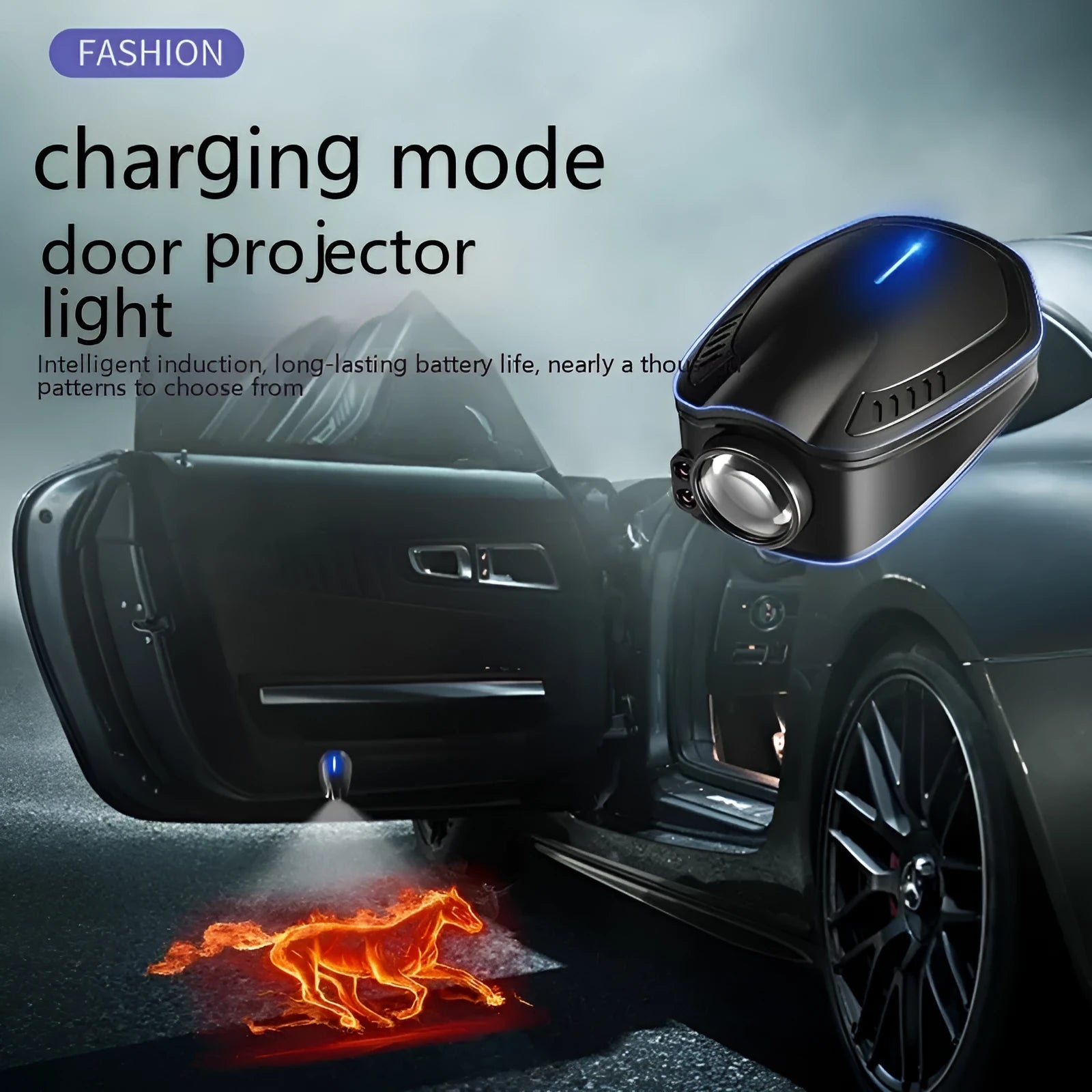 Black F2 rechargeable car welcome light with magnetic mounting for wireless vehicle installation