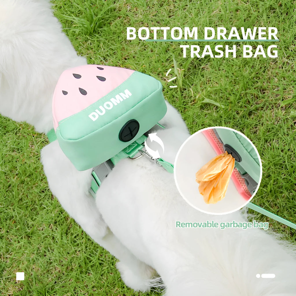 Fruit-themed pet backpack and matching chest strap set for dogs and cats in green colour