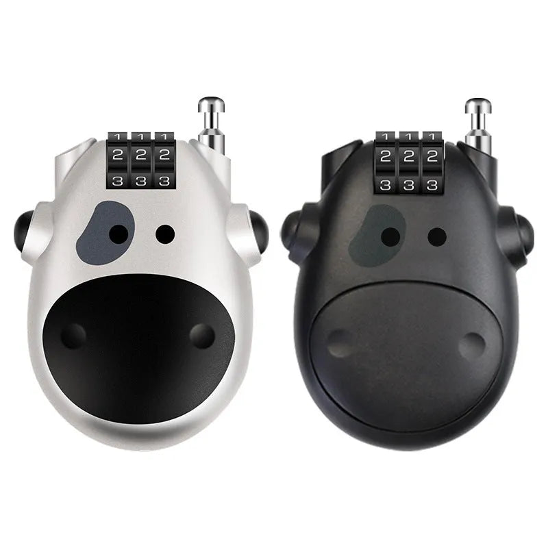 Retractable motorcycle helmet lock with extended steel cable next to bicycle helmet