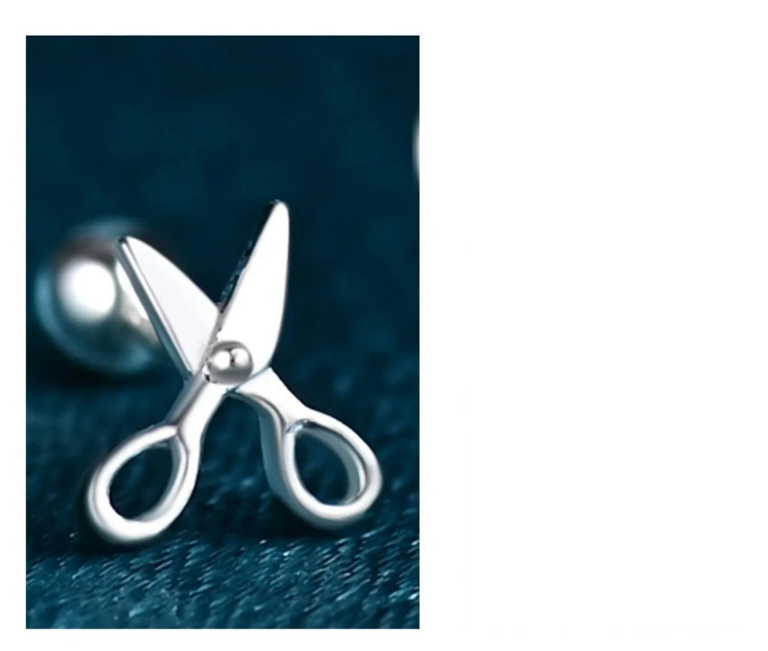 Silver ear nails with screw back closure and mini scissors decorative screw detail