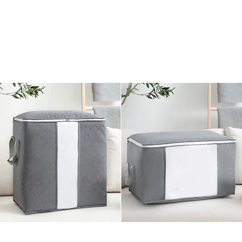 Beige non-woven storage bag with handbag shape for organising quilts and clothes in a wardrobe.