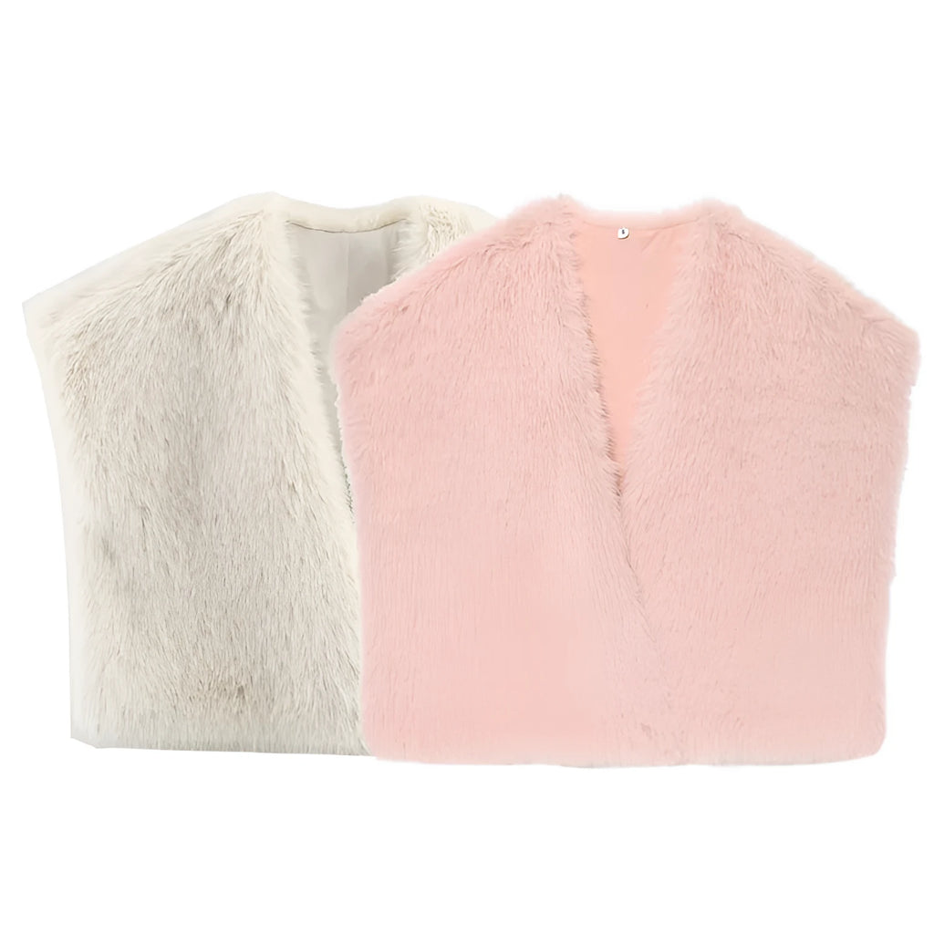 Faux fur effect vest for women in beige, v-neck, regular sleeve, soft texture