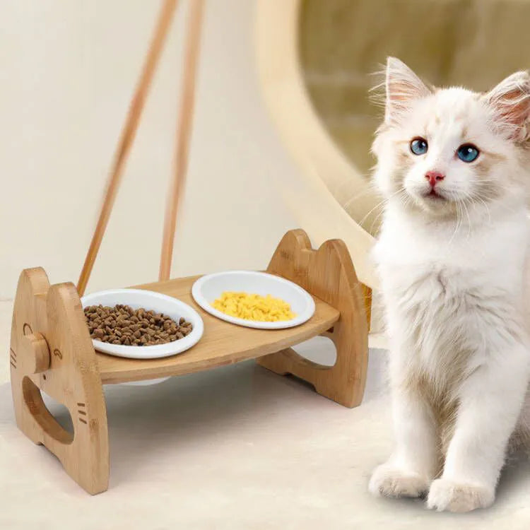 Height-adjustable ceramic double pet bowl on bamboo stand with separate bowls for dogs and cats