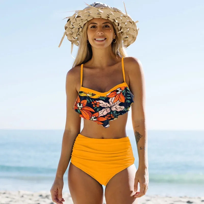 Blue and green women's high-waist pleated pants bikini swimsuit set on a white background.