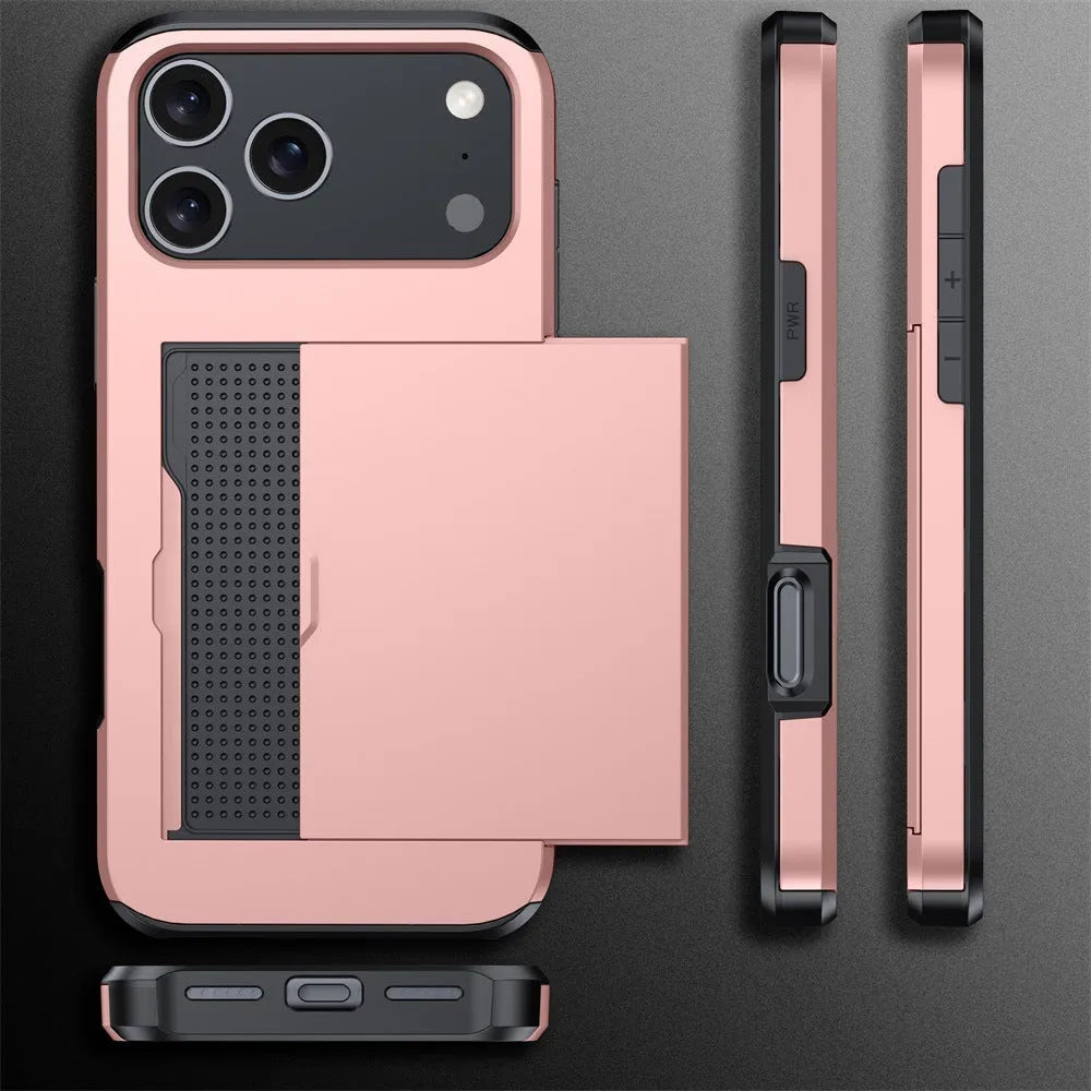 Army green iPhone case with a sliding cover open to show integrated card storage slot.