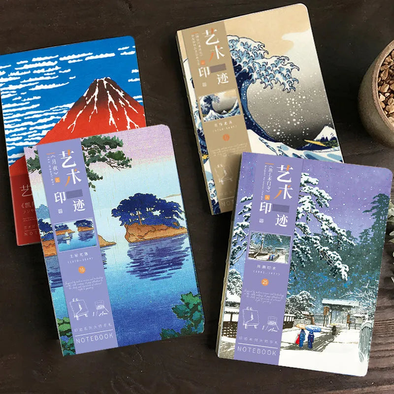 Ukiyo-e Kanagawa wave design hand ledger notebook showing paper cover artwork and A5 dimensions