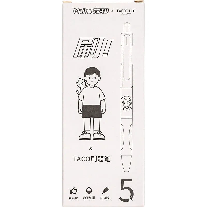 Set of five black and white ballpoint pens with 0.5mm fine tips laid side by side.