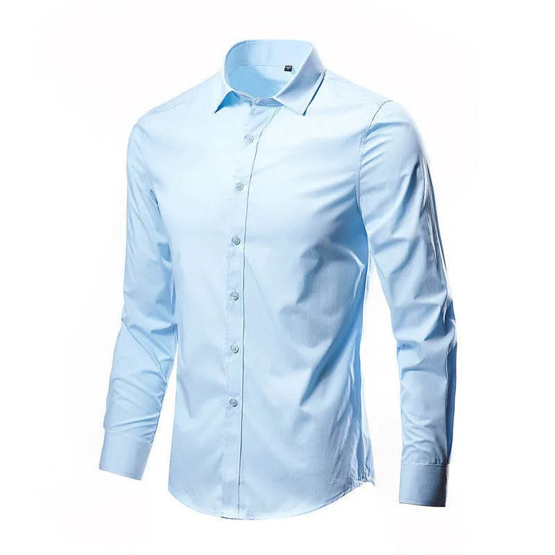 Men's loose-fit linen long-sleeve button-up shirt in a slim casual style on a hanger.