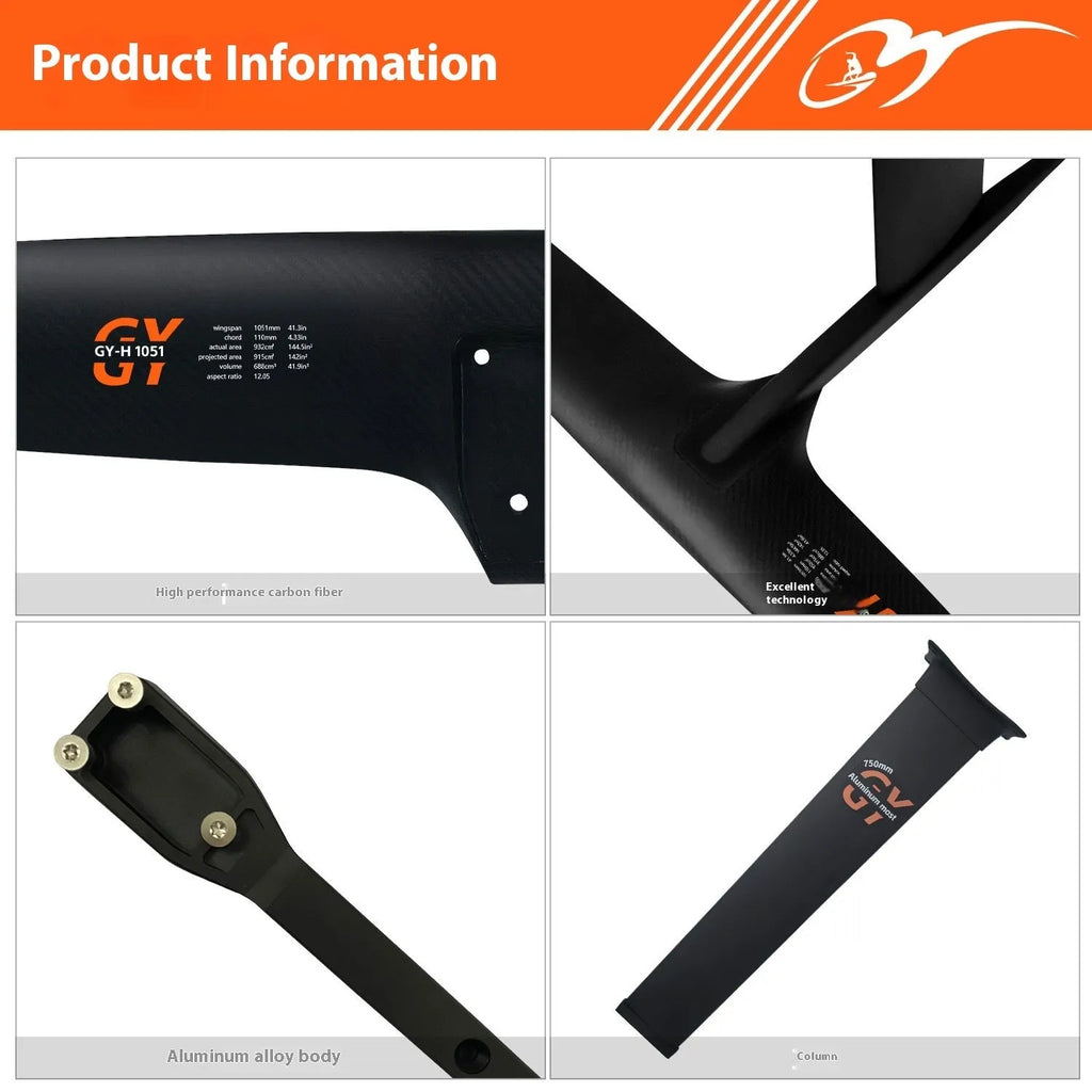 Black carbon fibre hydrofoil surfboard with aluminium mast and large front wing for racing.