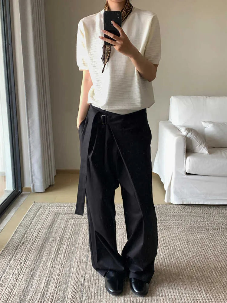 Black straight-leg trousers with a single pleat and adjustable waistband laid flat.