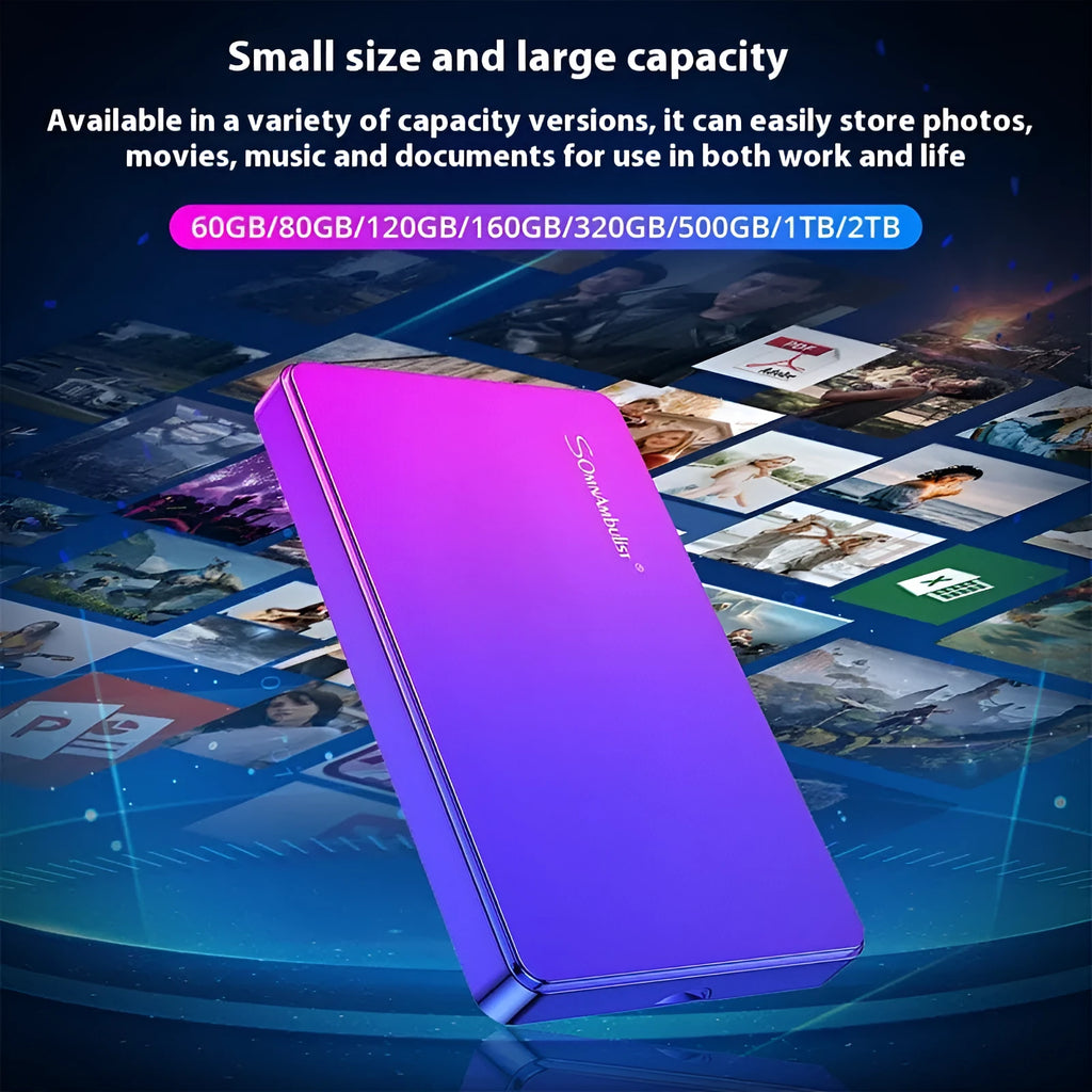 Purple portable external hard disk with USB cable and leather bag