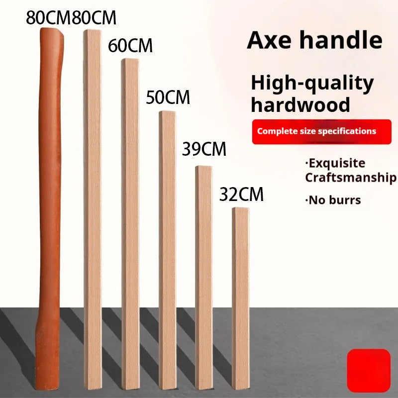 A square-profile locust wood replacement handle for axes and tools on a workbench.