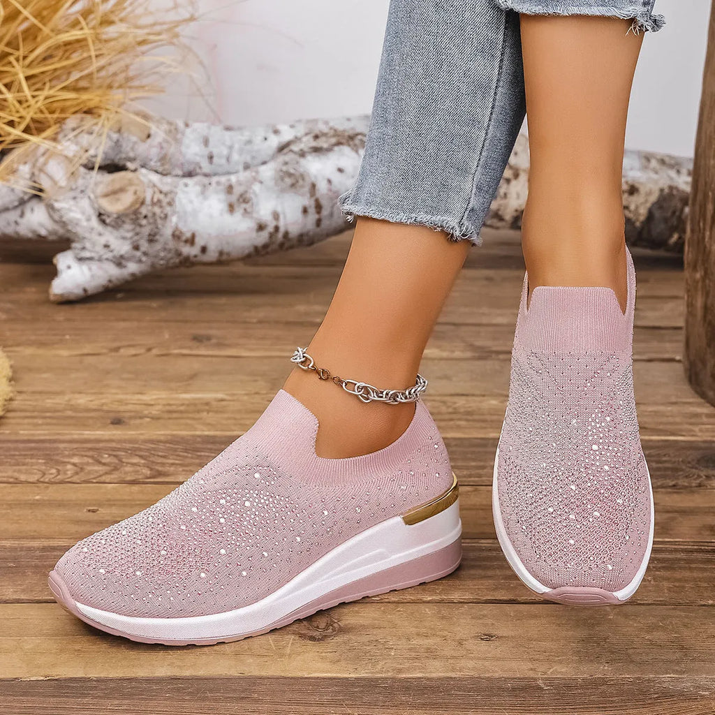 Women's wedge pumps with rhinestone decoration, round toe, mesh upper, low heel 1-3cm