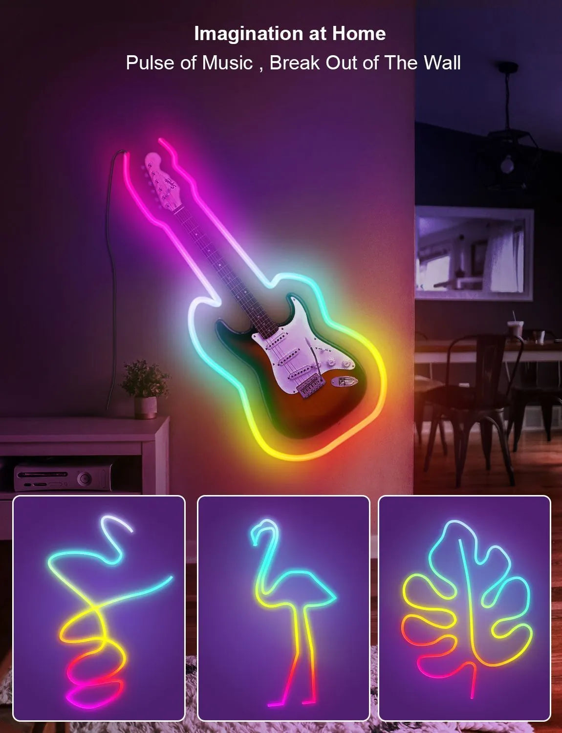 3 metre long USB RGB neon light strip with remote control on a white background.