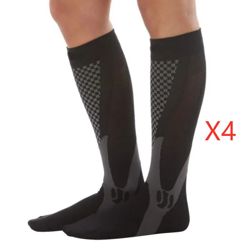 Graduated compression socks for men and women in black, shown in S/M, L/XL, and XXL sizes.