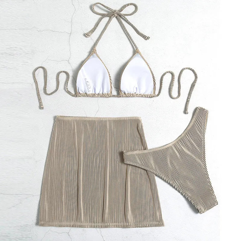 Three-piece rib fabric bikini swimsuit in khaki, black and white, green, and emerald green colour options