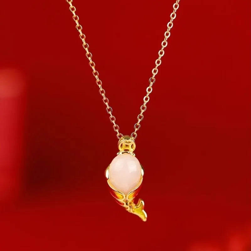 Carp literary women's jewellery set with lucky koi red necklace and matching hand strap