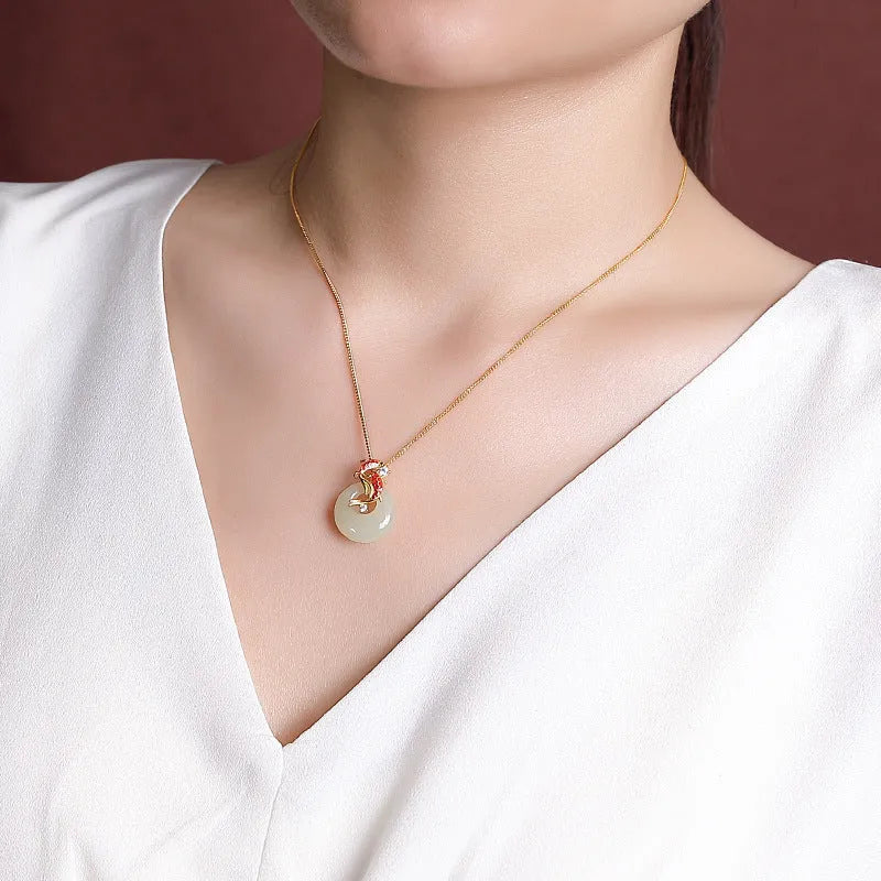 Gold-plated sterling silver pendant necklace with inlaid Hetian jade peace buckle on adjustable 925 silver Cuban link chain, colour gold