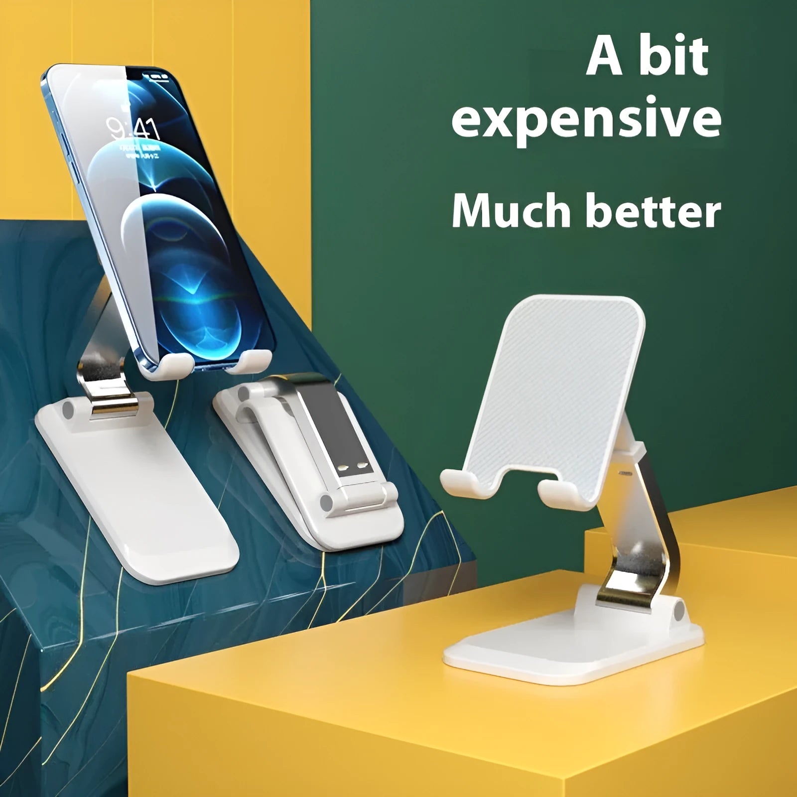 Folding portable desktop phone and tablet stand in black, white, blue, or pink colour
