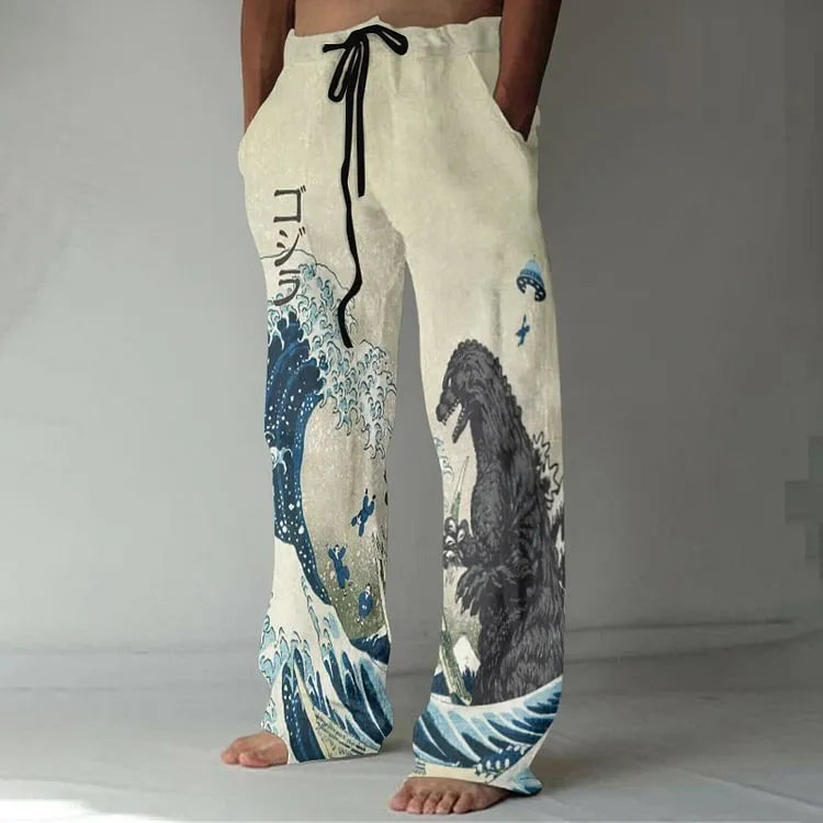 Plus size men's thin wide leg trousers in polyester, mid waist, straight leg, sizes S to 4XL